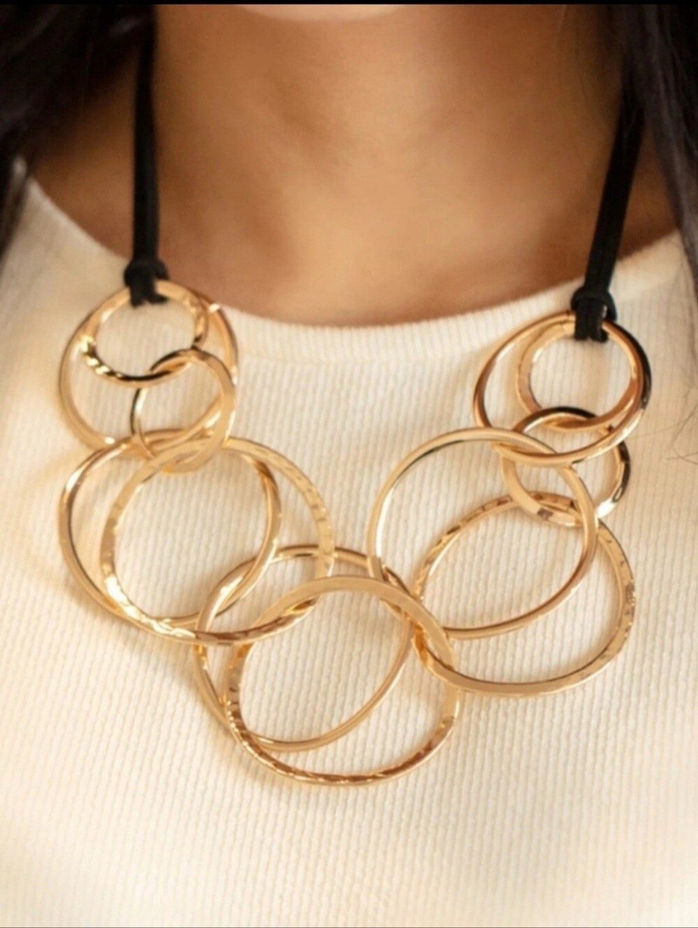 Gold Hammered Hoop Collar Necklace Geometric Pendant Black Cord
